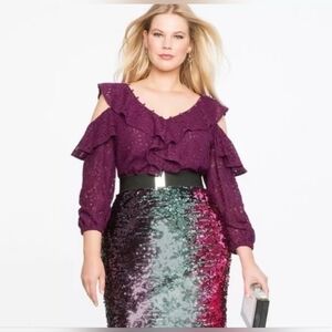 Eloquii Purple Lace Cold Shoulder Ruffle Long Sleeve Blouse